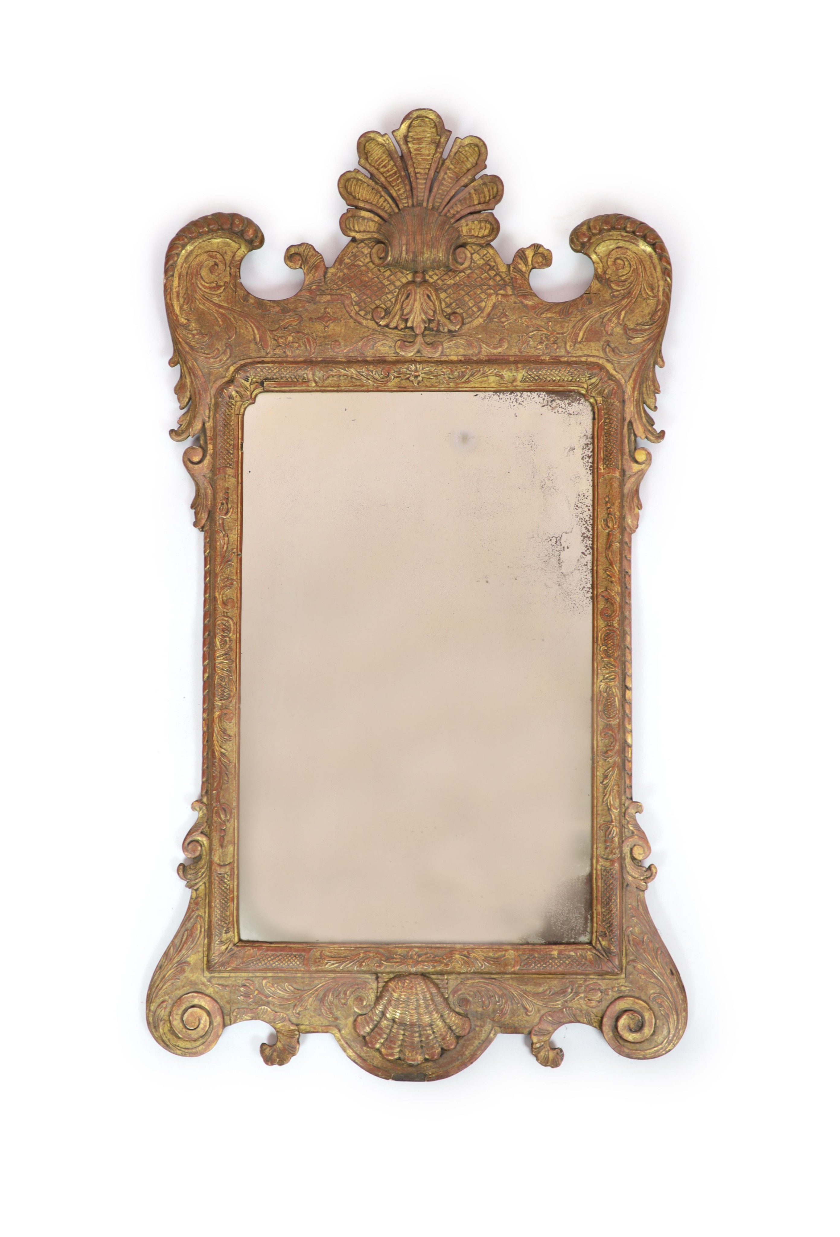 A George II giltwood and gesso wall mirror, of shaped form with contemporary rectangular plate H 111cm. W 59cm.